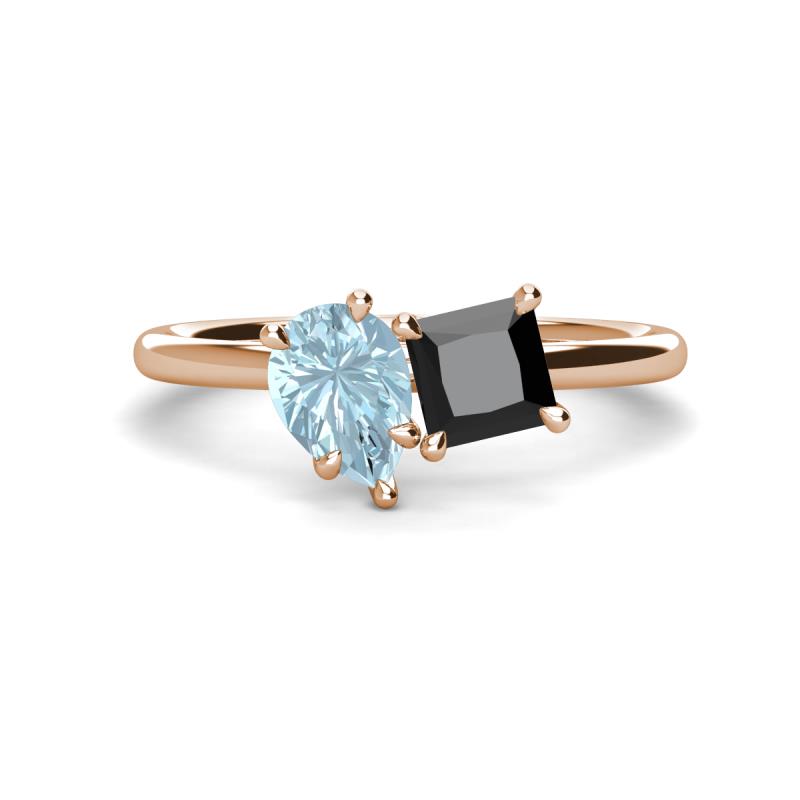 Zoya Pear Shape Aquamarine & Princess Shape Black Diamond 2 Stone Duo Ring 