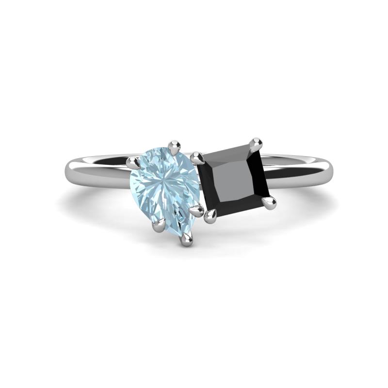 Zoya Pear Shape Aquamarine & Princess Shape Black Diamond 2 Stone Duo Ring 