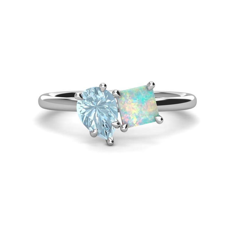 Zoya Pear Shape Aquamarine & Princess Shape Lab Created Opal 2 Stone Duo Ring 