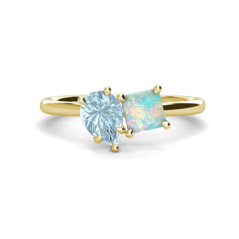Zoya Pear Shape Aquamarine & Princess Shape Lab Created Opal 2 Stone Duo Ring 