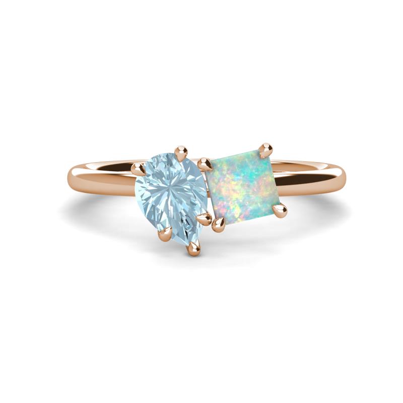 Zoya Pear Shape Aquamarine & Princess Shape Lab Created Opal 2 Stone Duo Ring 