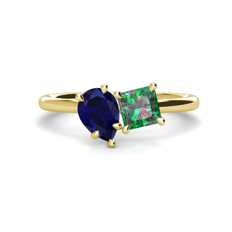 Zoya Pear Shape Blue Sapphire & Princess Shape Lab Created Alexandrite 2 Stone Duo Ring 
