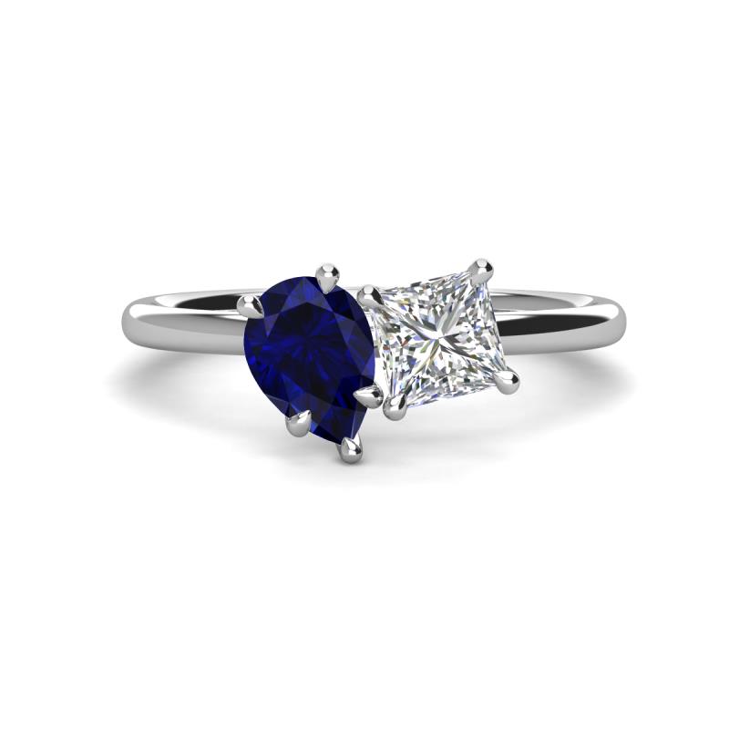 Zoya Pear Shape Blue Sapphire & Princess Shape Forever Brilliant Moissanite 2 Stone Duo Ring 