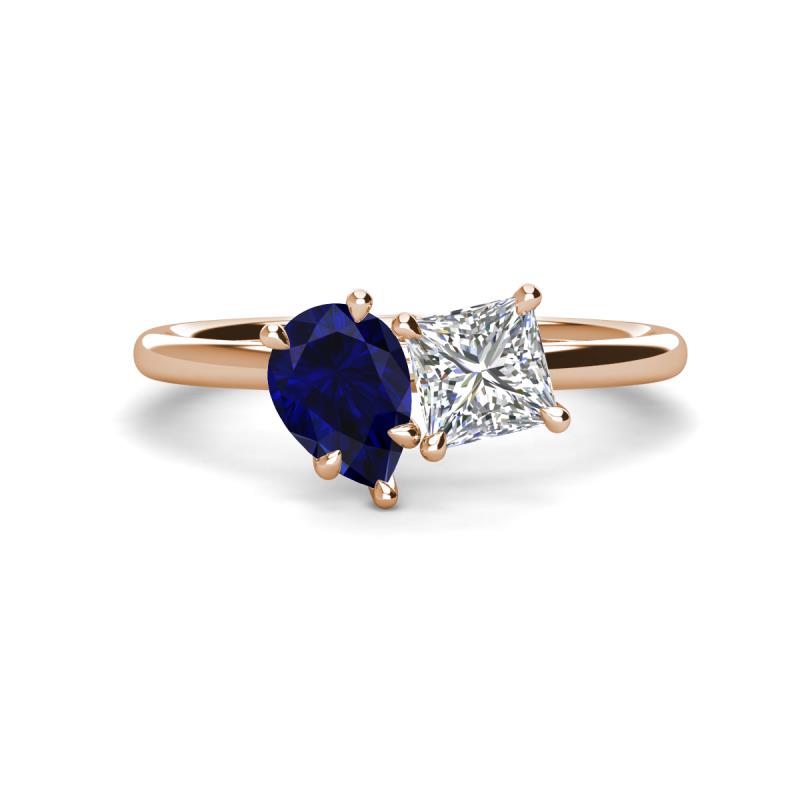 Zoya Pear Shape Blue Sapphire & Princess Shape Forever Brilliant Moissanite 2 Stone Duo Ring 
