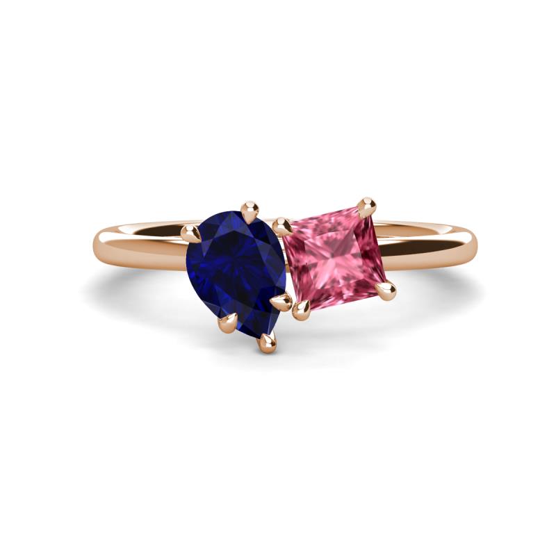 Zoya Pear Shape Blue Sapphire & Princess Shape Pink Tourmaline 2 Stone Duo Ring 