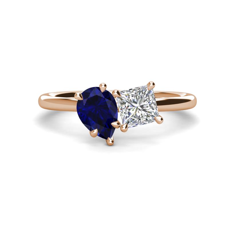 Zoya Pear Shape Blue Sapphire & Princess Shape GIA Certified Diamond 2 Stone Duo Ring 