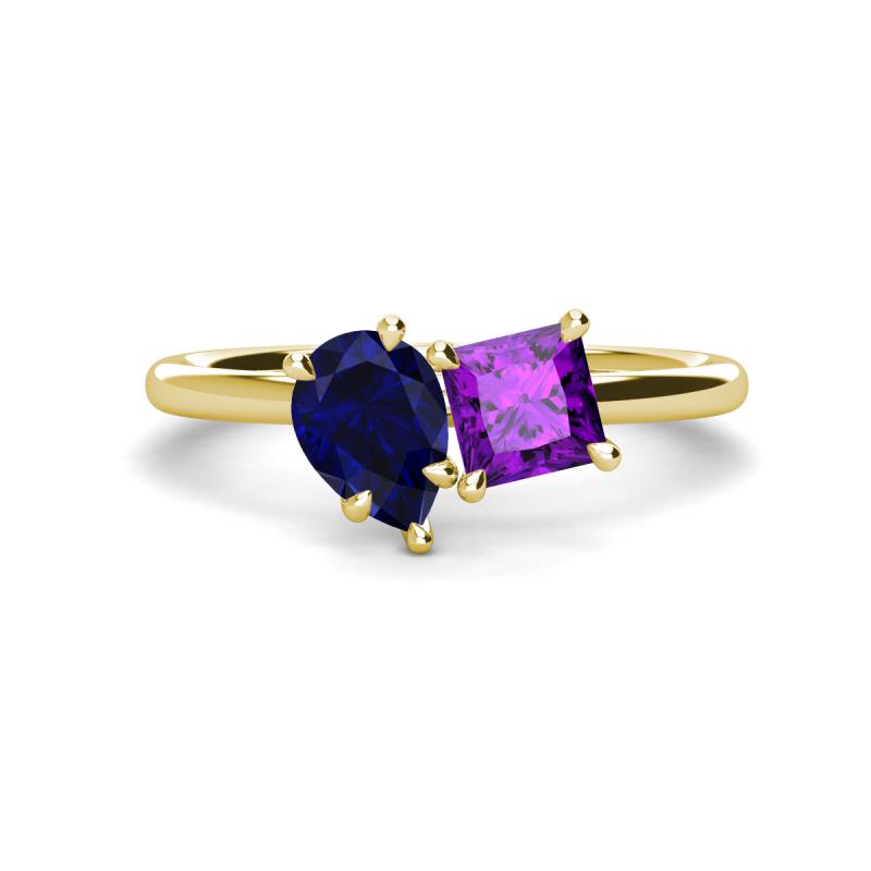 Zoya Pear Shape Blue Sapphire & Princess Shape Amethyst 2 Stone Duo Ring 
