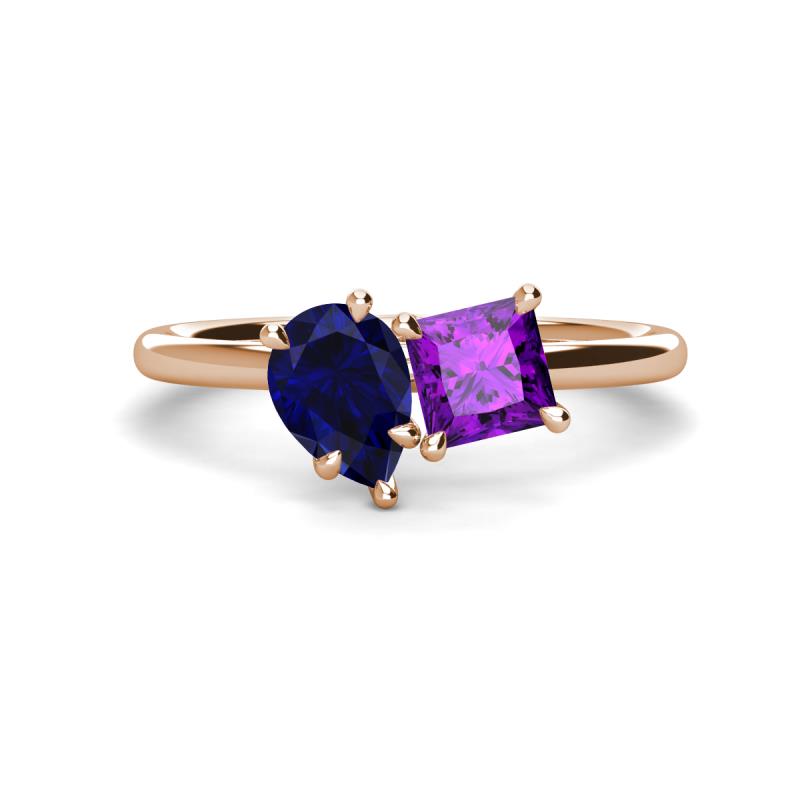 Zoya Pear Shape Blue Sapphire & Princess Shape Amethyst 2 Stone Duo Ring 