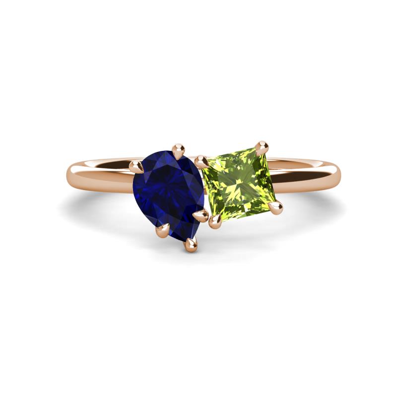 Zoya Pear Shape Blue Sapphire & Princess Shape Peridot 2 Stone Duo Ring 