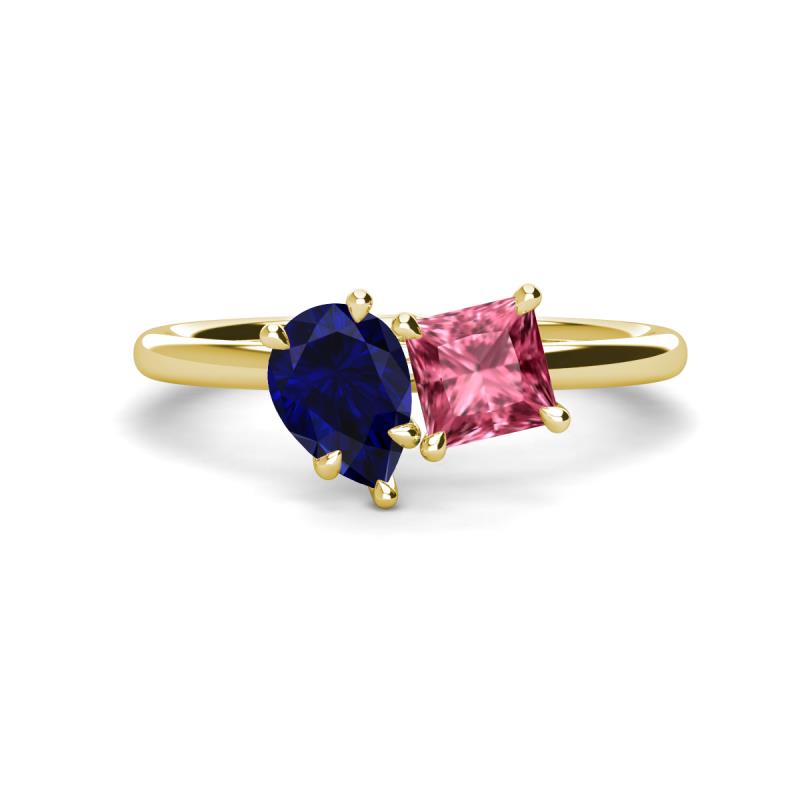 Zoya Pear Shape Blue Sapphire & Princess Shape Pink Tourmaline 2 Stone Duo Ring 