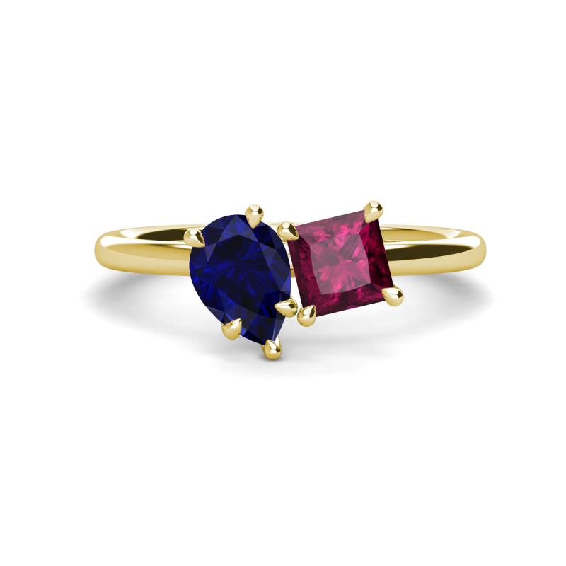 Zoya Pear Shape Blue Sapphire & Princess Shape Rhodolite Garnet 2 Stone Duo Ring 