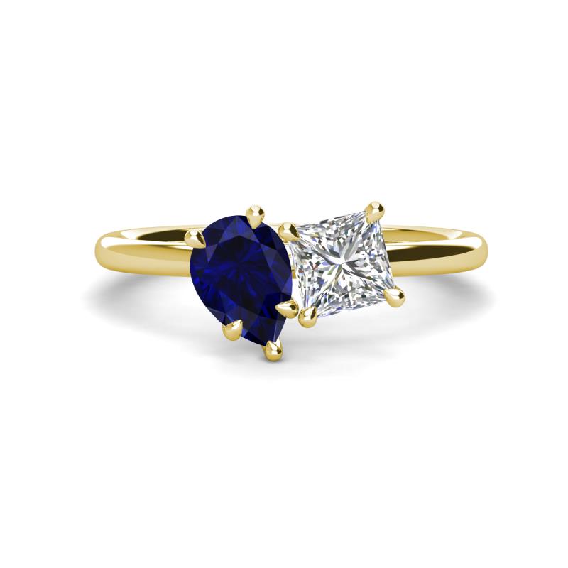 Zoya Pear Shape Blue Sapphire & Princess Shape Certified Lab Grown Diamond 2 Stone Duo Ring 
