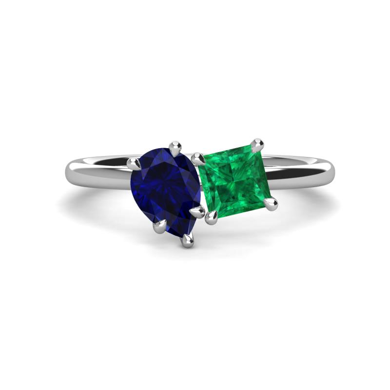Zoya Pear Shape Blue Sapphire & Princess Shape Lab Created Emerald 2 Stone Duo Ring 