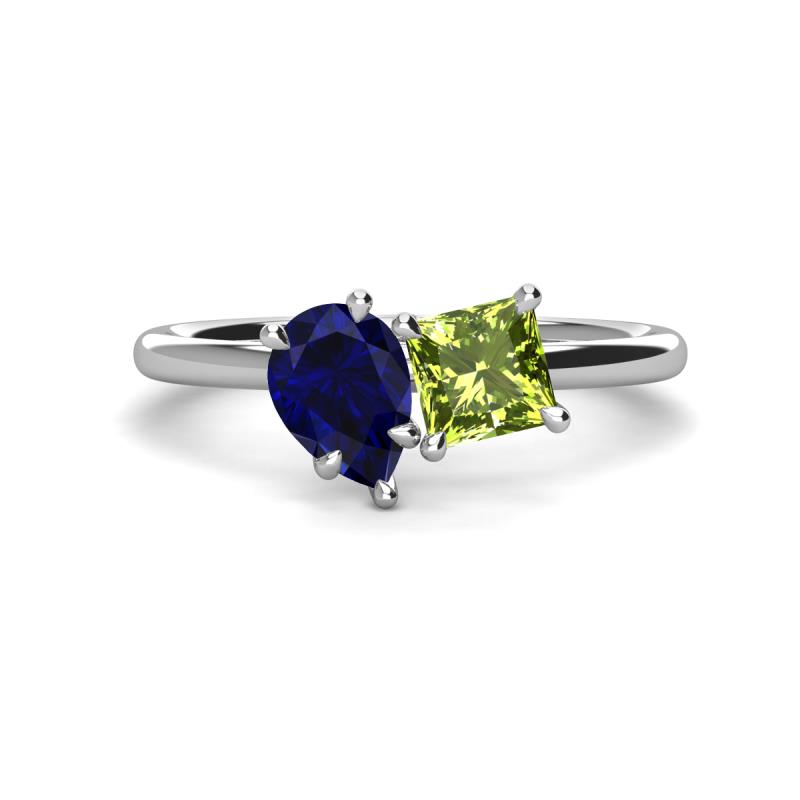 Zoya Pear Shape Blue Sapphire & Princess Shape Peridot 2 Stone Duo Ring 