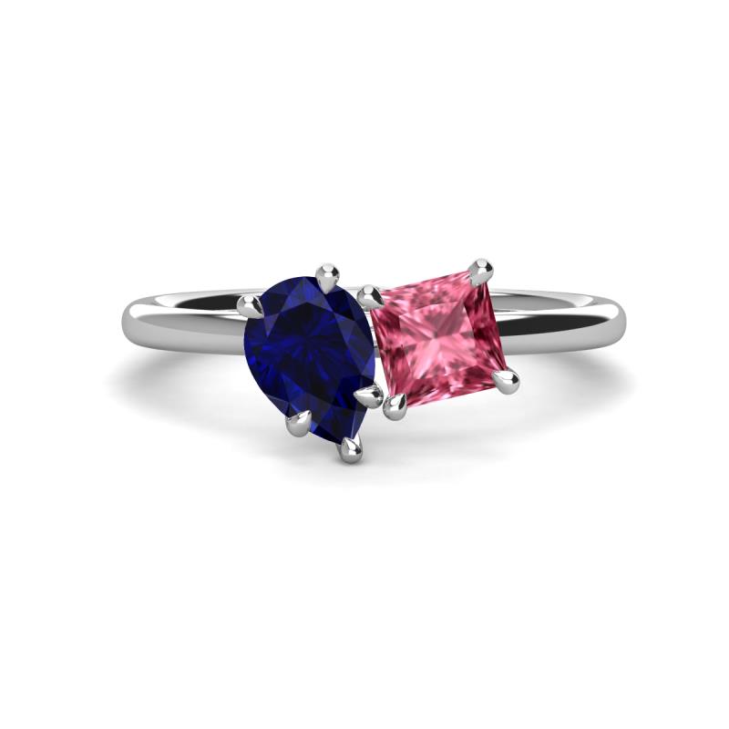 Zoya Pear Shape Blue Sapphire & Princess Shape Pink Tourmaline 2 Stone Duo Ring 