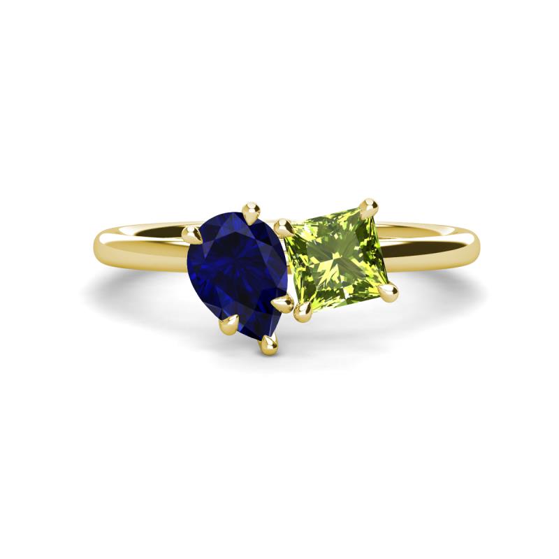 Zoya Pear Shape Blue Sapphire & Princess Shape Peridot 2 Stone Duo Ring 