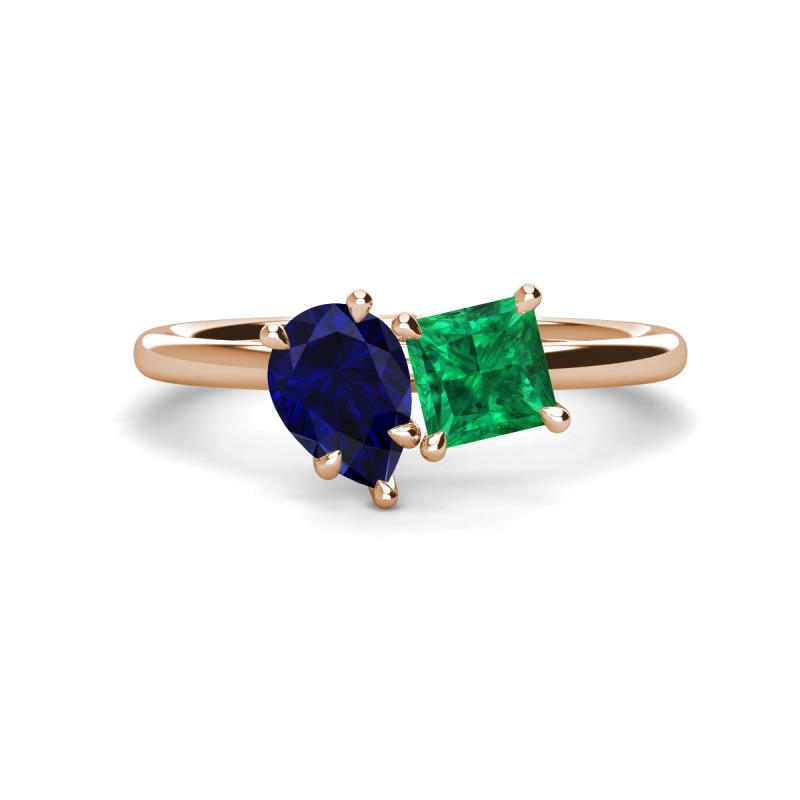 Zoya Pear Shape Blue Sapphire & Princess Shape Lab Created Emerald 2 Stone Duo Ring 