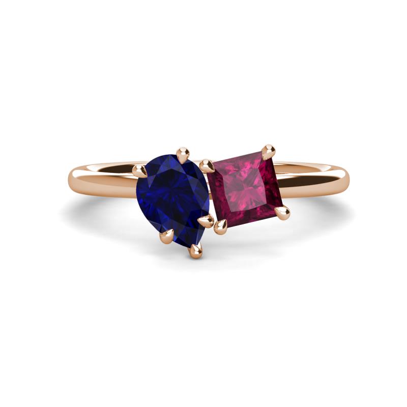 Zoya Pear Shape Blue Sapphire & Princess Shape Rhodolite Garnet 2 Stone Duo Ring 