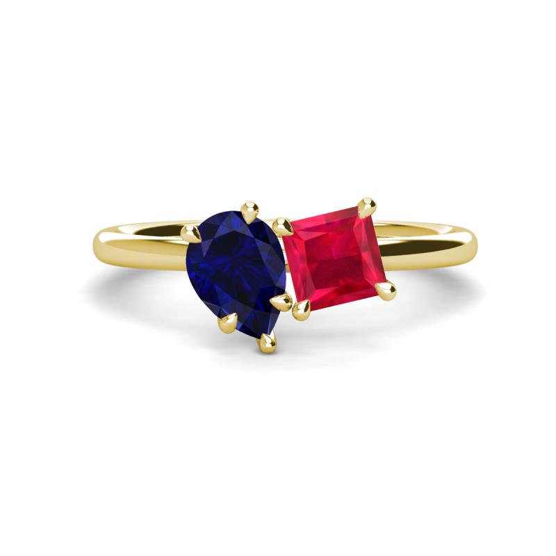 Zoya Pear Shape Blue Sapphire & Princess Shape Lab Created Ruby 2 Stone Duo Ring 