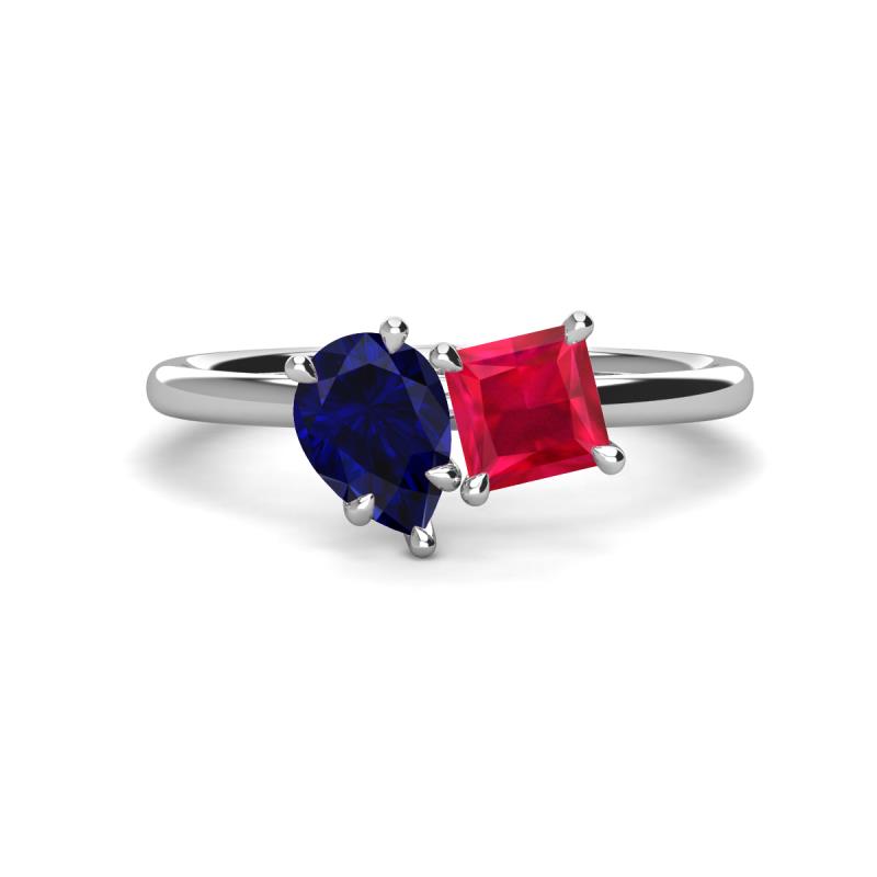 Zoya Pear Shape Blue Sapphire & Princess Shape Lab Created Ruby 2 Stone Duo Ring 