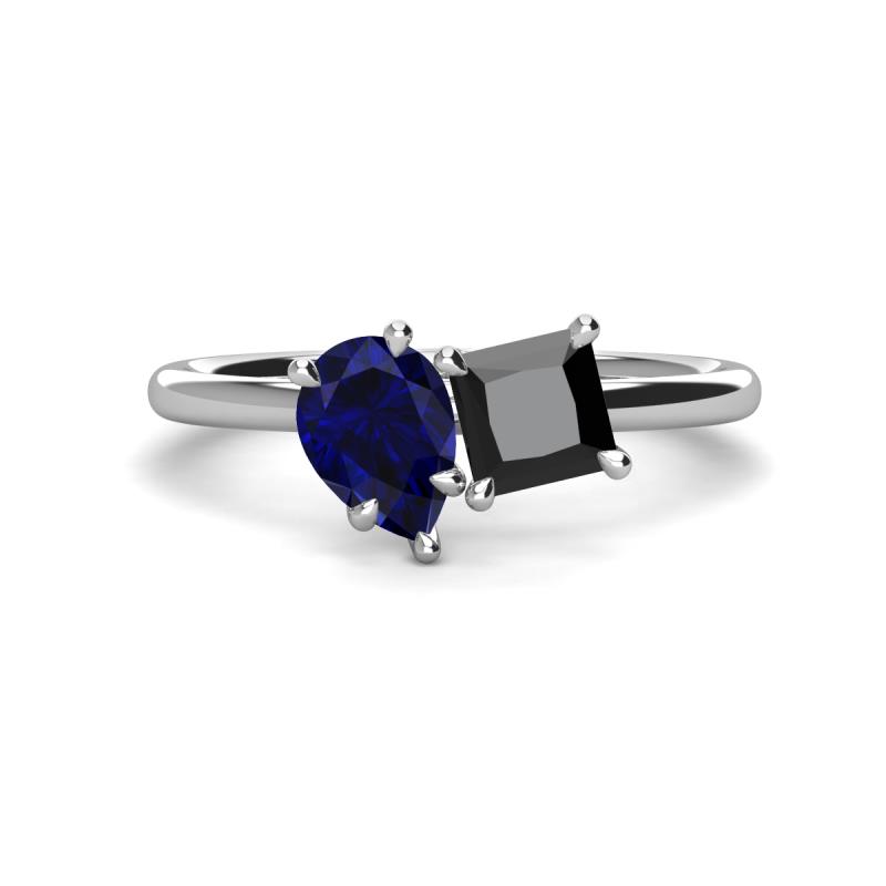 Zoya Pear Shape Blue Sapphire & Princess Shape Black Diamond 2 Stone Duo Ring 