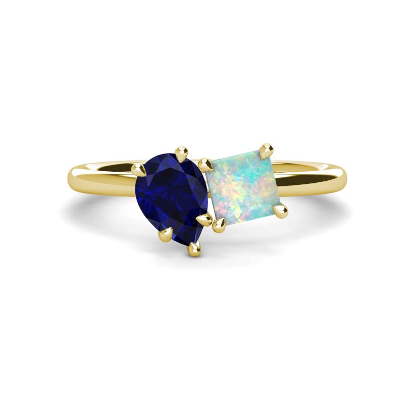 Zoya Pear Shape Blue Sapphire & Princess Shape Lab Created Opal 2 Stone Duo Ring 