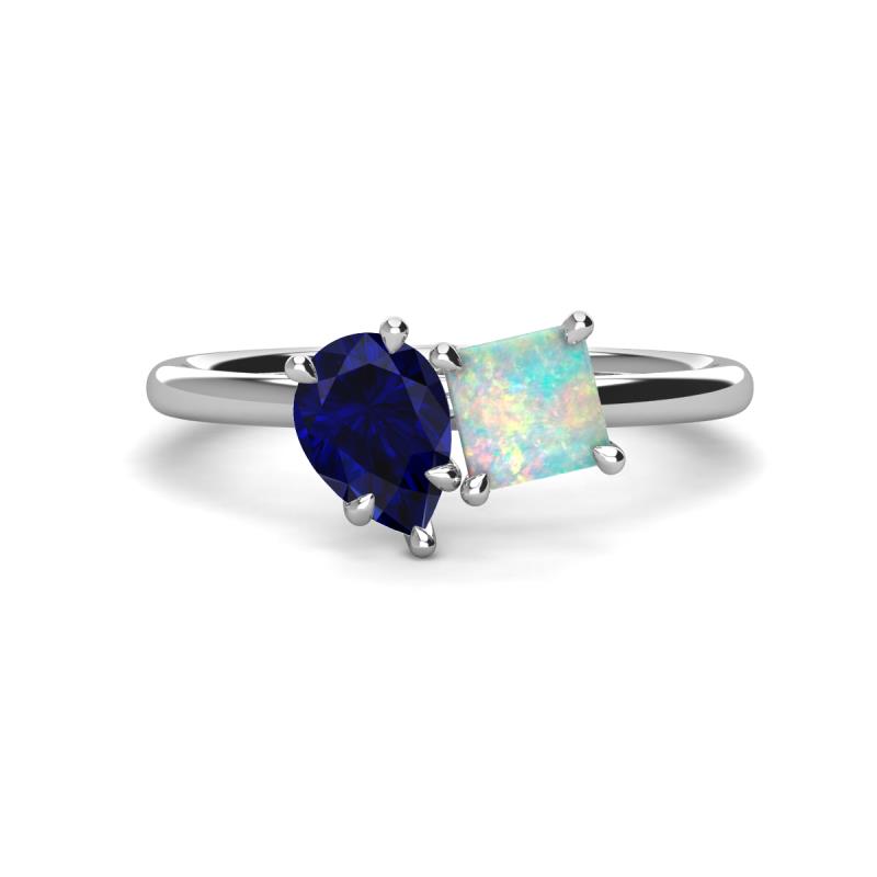 Zoya Pear Shape Blue Sapphire & Princess Shape Lab Created Opal 2 Stone Duo Ring 