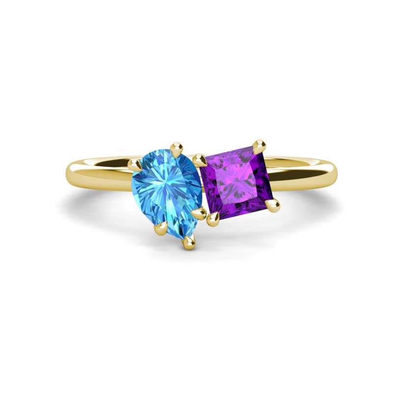 Zoya Pear Shape Blue Topaz & Princess Shape Amethyst 2 Stone Duo Ring 