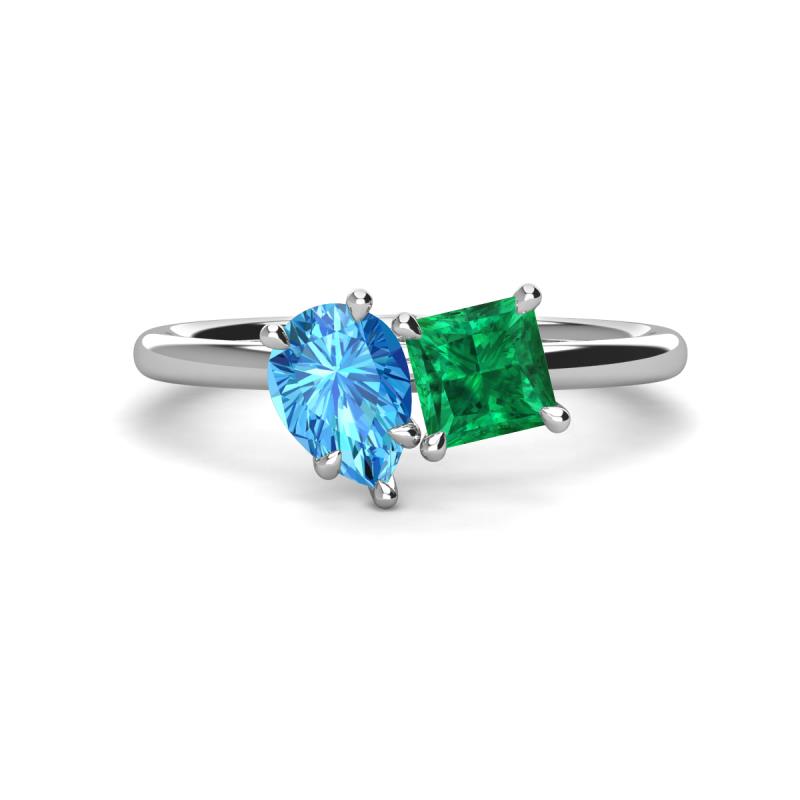Zoya Pear Shape Blue Topaz & Princess Shape Lab Created Emerald 2 Stone Duo Ring 