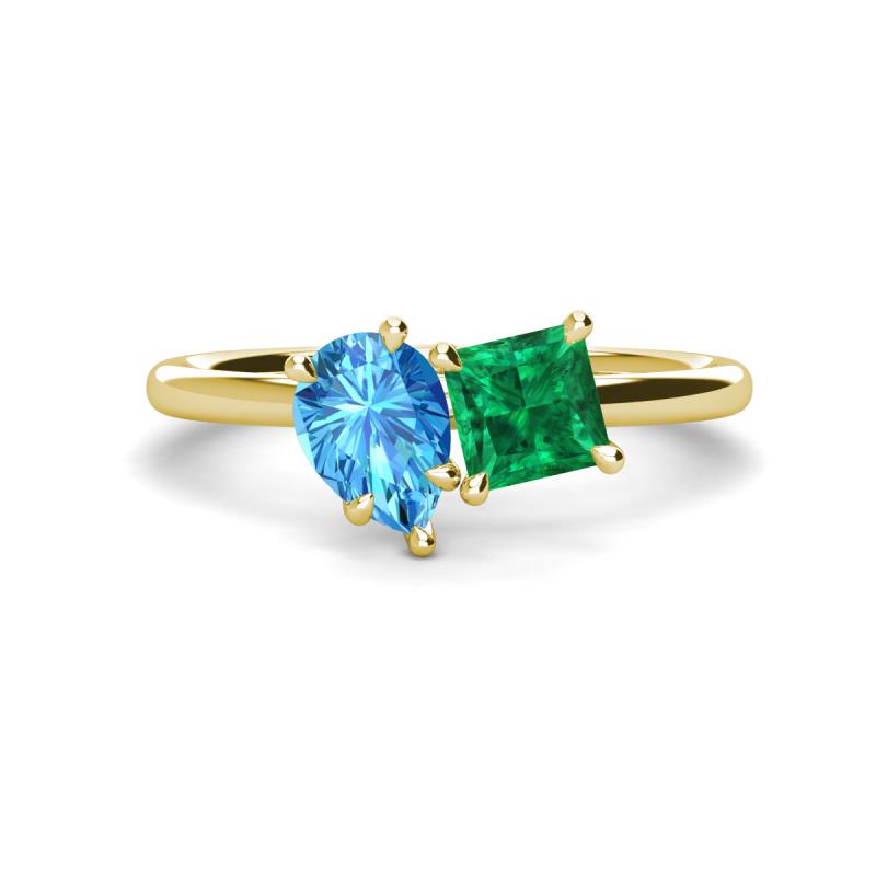 Zoya Pear Shape Blue Topaz & Princess Shape Lab Created Emerald 2 Stone Duo Ring 