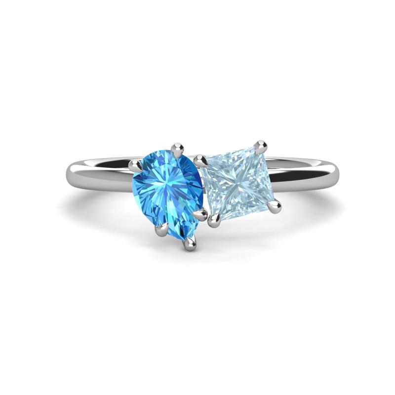 Zoya Pear Shape Blue Topaz & Princess Shape Aquamarine 2 Stone Duo Ring 