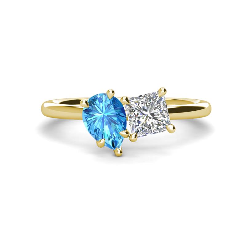 Zoya Pear Shape Blue Topaz & Princess Shape GIA Certified Diamond 2 Stone Duo Ring 