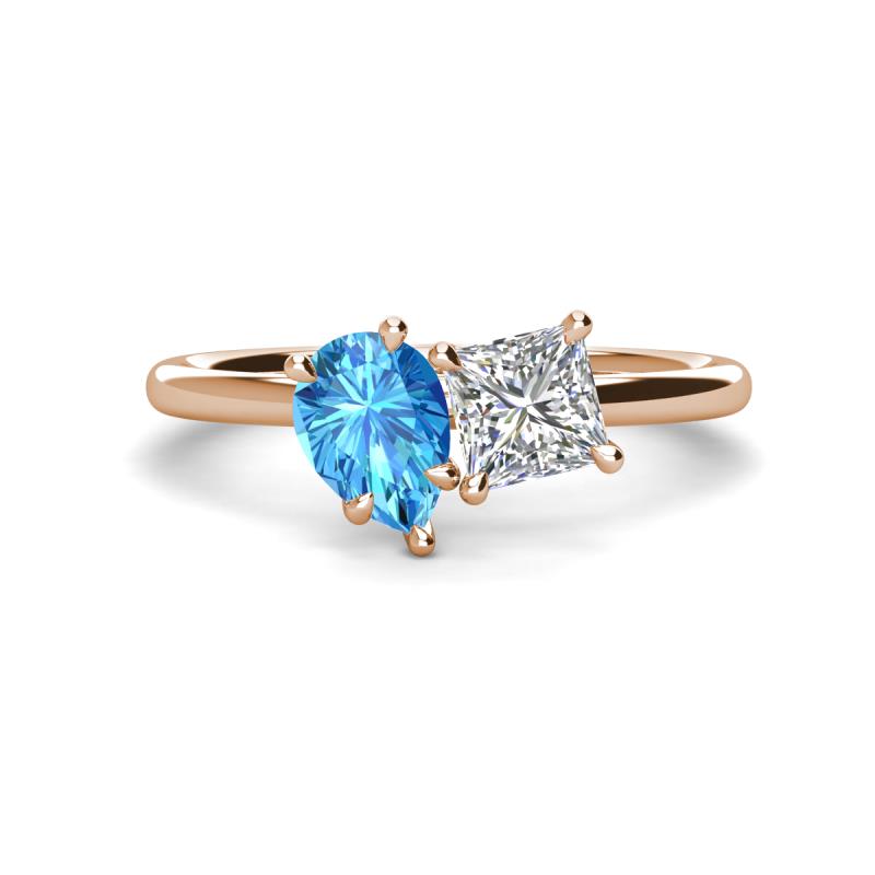 Zoya Pear Shape Blue Topaz & Princess Shape GIA Certified Diamond 2 Stone Duo Ring 