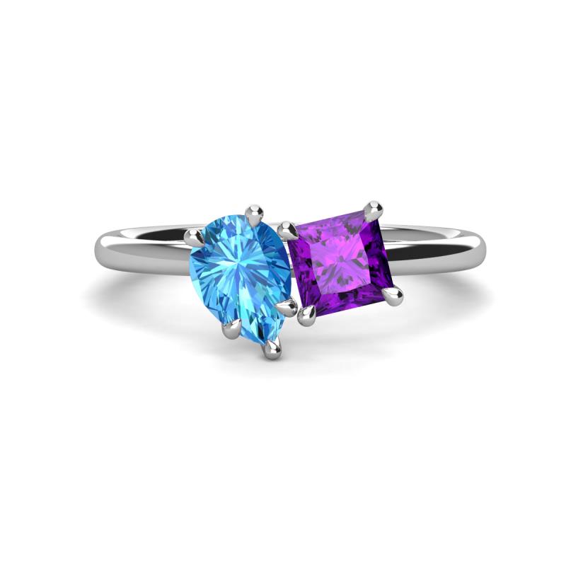 Zoya Pear Shape Blue Topaz & Princess Shape Amethyst 2 Stone Duo Ring 