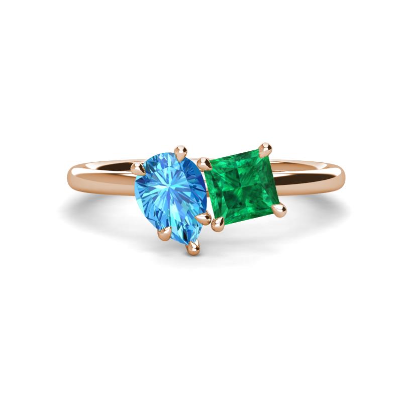 Zoya Pear Shape Blue Topaz & Princess Shape Lab Created Emerald 2 Stone Duo Ring 