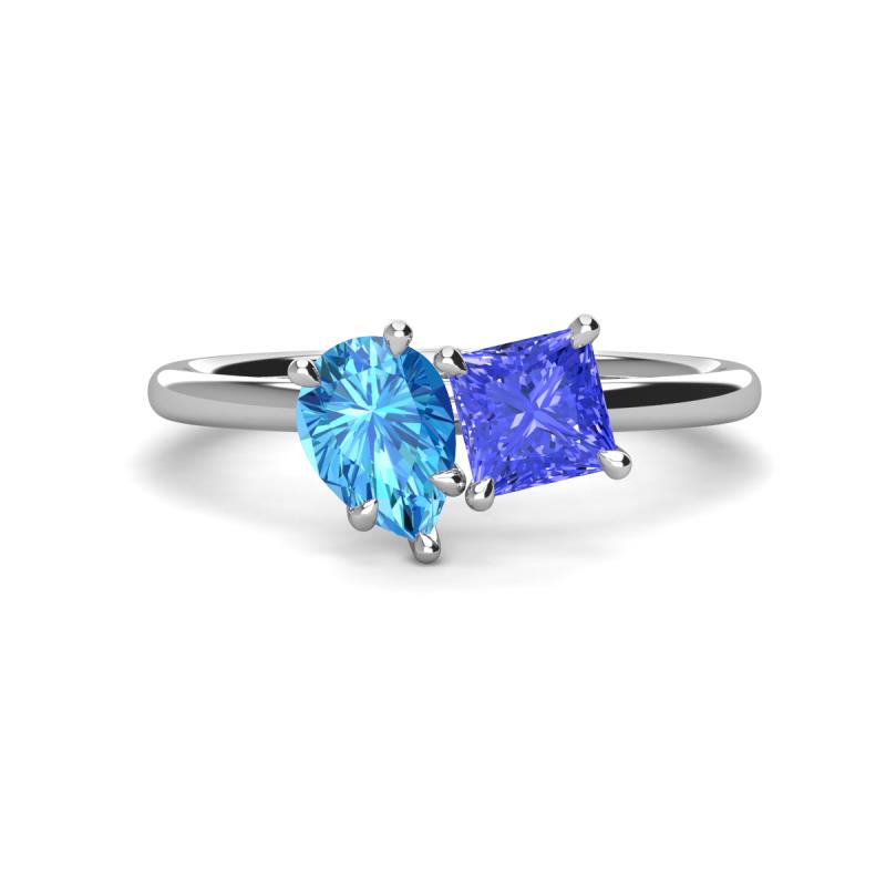 Zoya Pear Shape Blue Topaz & Princess Shape Tanzanite 2 Stone Duo Ring 