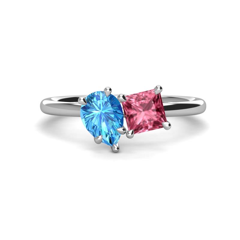 Zoya Pear Shape Blue Topaz & Princess Shape Pink Tourmaline 2 Stone Duo Ring 