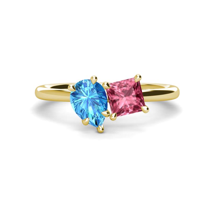 Zoya Pear Shape Blue Topaz & Princess Shape Pink Tourmaline 2 Stone Duo Ring 
