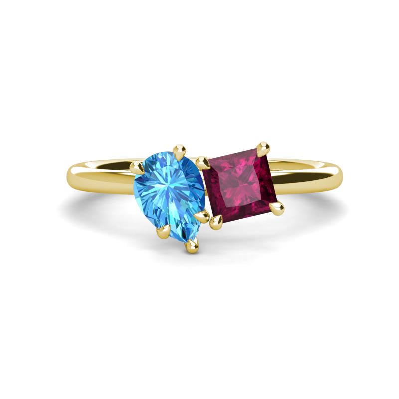 Zoya Pear Shape Blue Topaz & Princess Shape Rhodolite Garnet 2 Stone Duo Ring 