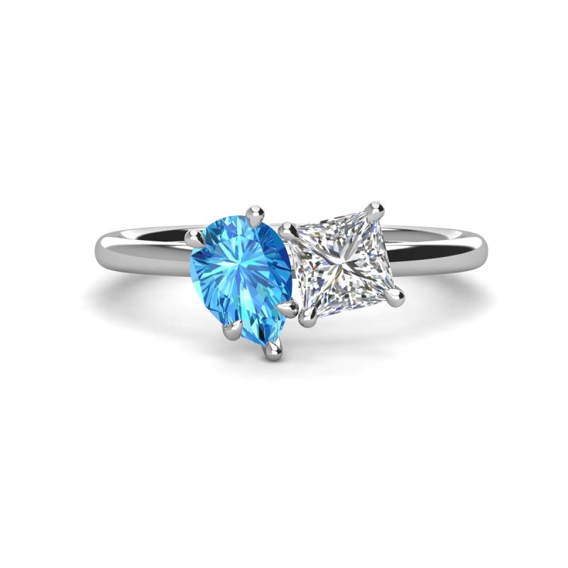 Zoya Pear Shape Blue Topaz & Princess Shape Certified Lab Grown Diamond 2 Stone Duo Ring 