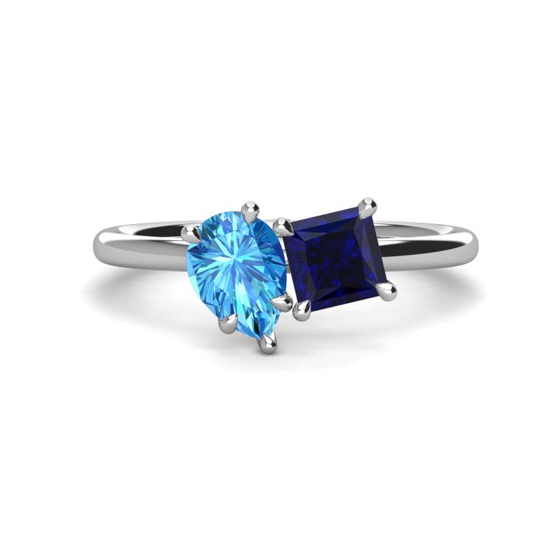 Zoya Pear Shape Blue Topaz & Princess Shape Lab Created Blue Sapphire 2 Stone Duo Ring 