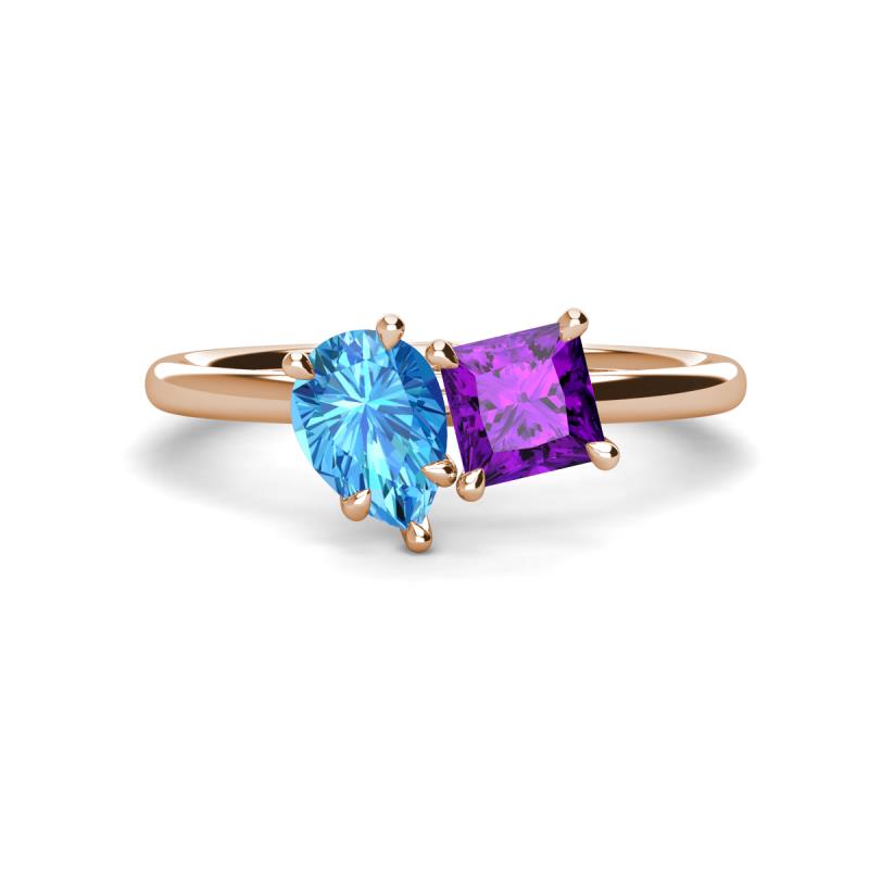 Zoya Pear Shape Blue Topaz & Princess Shape Amethyst 2 Stone Duo Ring 