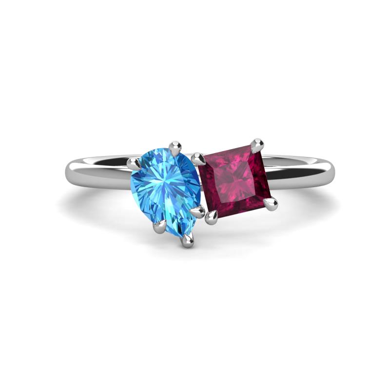 Zoya Pear Shape Blue Topaz & Princess Shape Rhodolite Garnet 2 Stone Duo Ring 