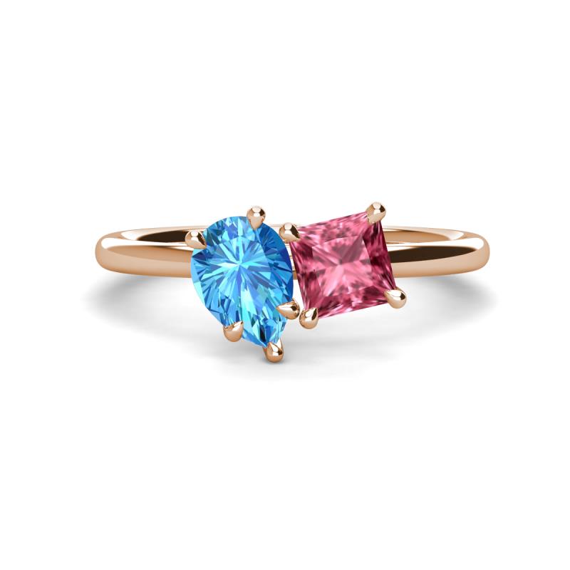 Zoya Pear Shape Blue Topaz & Princess Shape Pink Tourmaline 2 Stone Duo Ring 