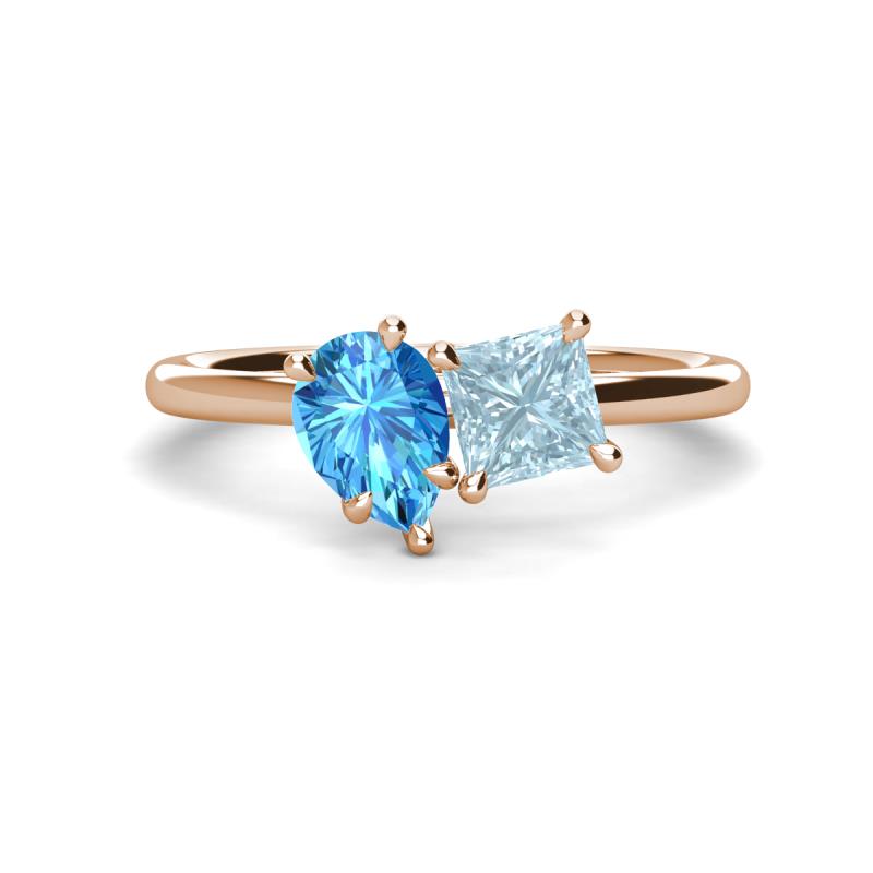 Zoya Pear Shape Blue Topaz & Princess Shape Aquamarine 2 Stone Duo Ring 