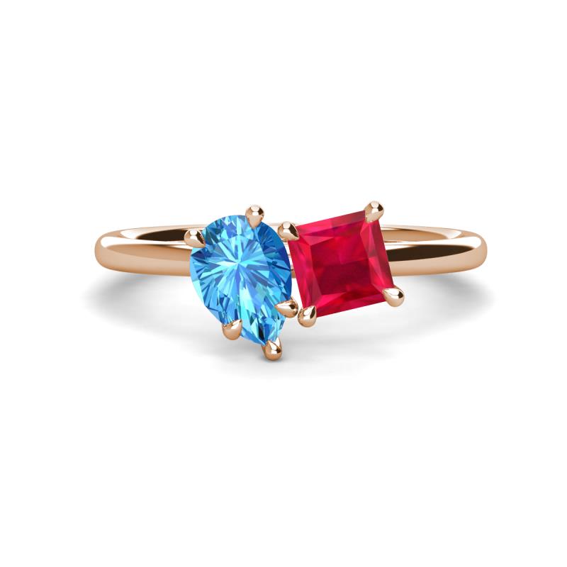 Zoya Pear Shape Blue Topaz & Princess Shape Lab Created Ruby 2 Stone Duo Ring 
