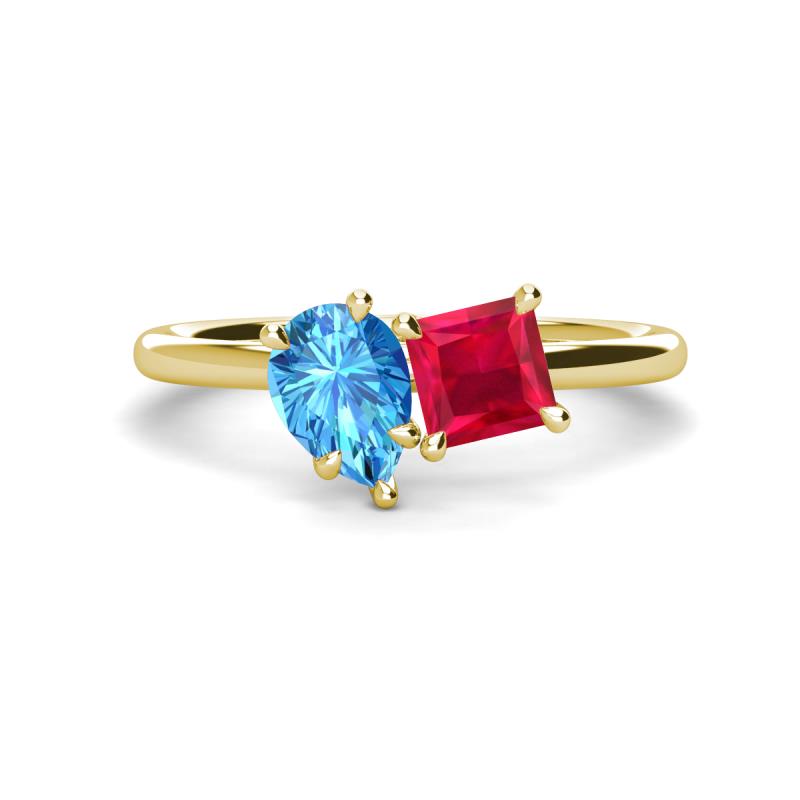 Zoya Pear Shape Blue Topaz & Princess Shape Lab Created Ruby 2 Stone Duo Ring 