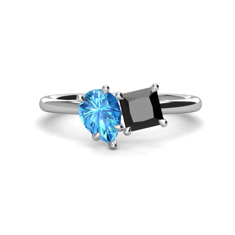 Zoya Pear Shape Blue Topaz & Princess Shape Black Diamond 2 Stone Duo Ring 