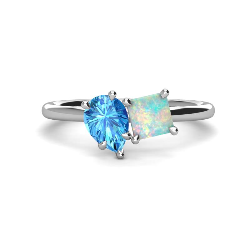 Zoya Pear Shape Blue Topaz & Princess Shape Lab Created Opal 2 Stone Duo Ring 