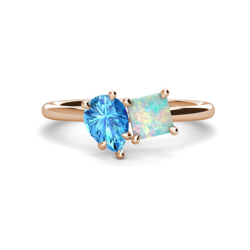 Zoya Pear Shape Blue Topaz & Princess Shape Lab Created Opal 2 Stone Duo Ring 